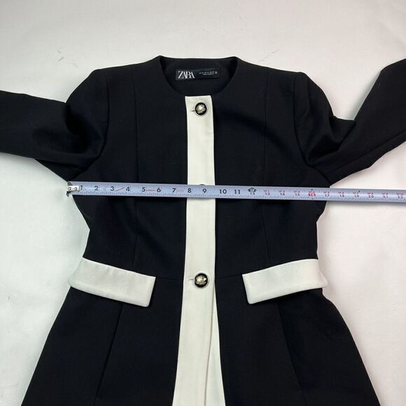 ZARA Black White Trim Blazer Gold Crest Buttons Jacket Collarless Size M Ladies - Picture 6 of 15
